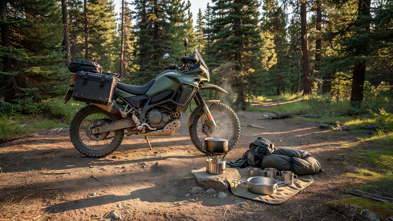Adventure motorcycle parked near an overland wilderness camp with cookware set up
