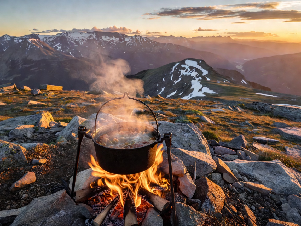 Campfire pot simmering food over high mountain ridge