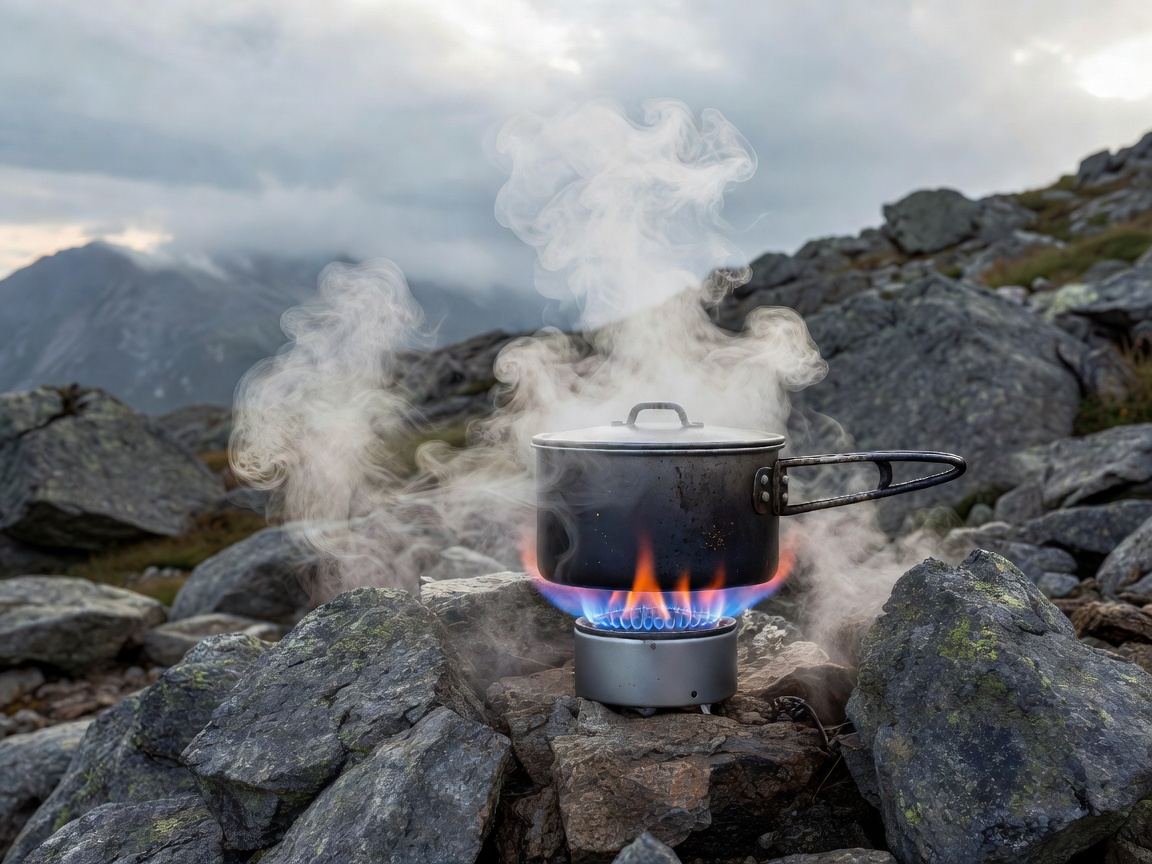 Camping burner boiling water over mountain rocks