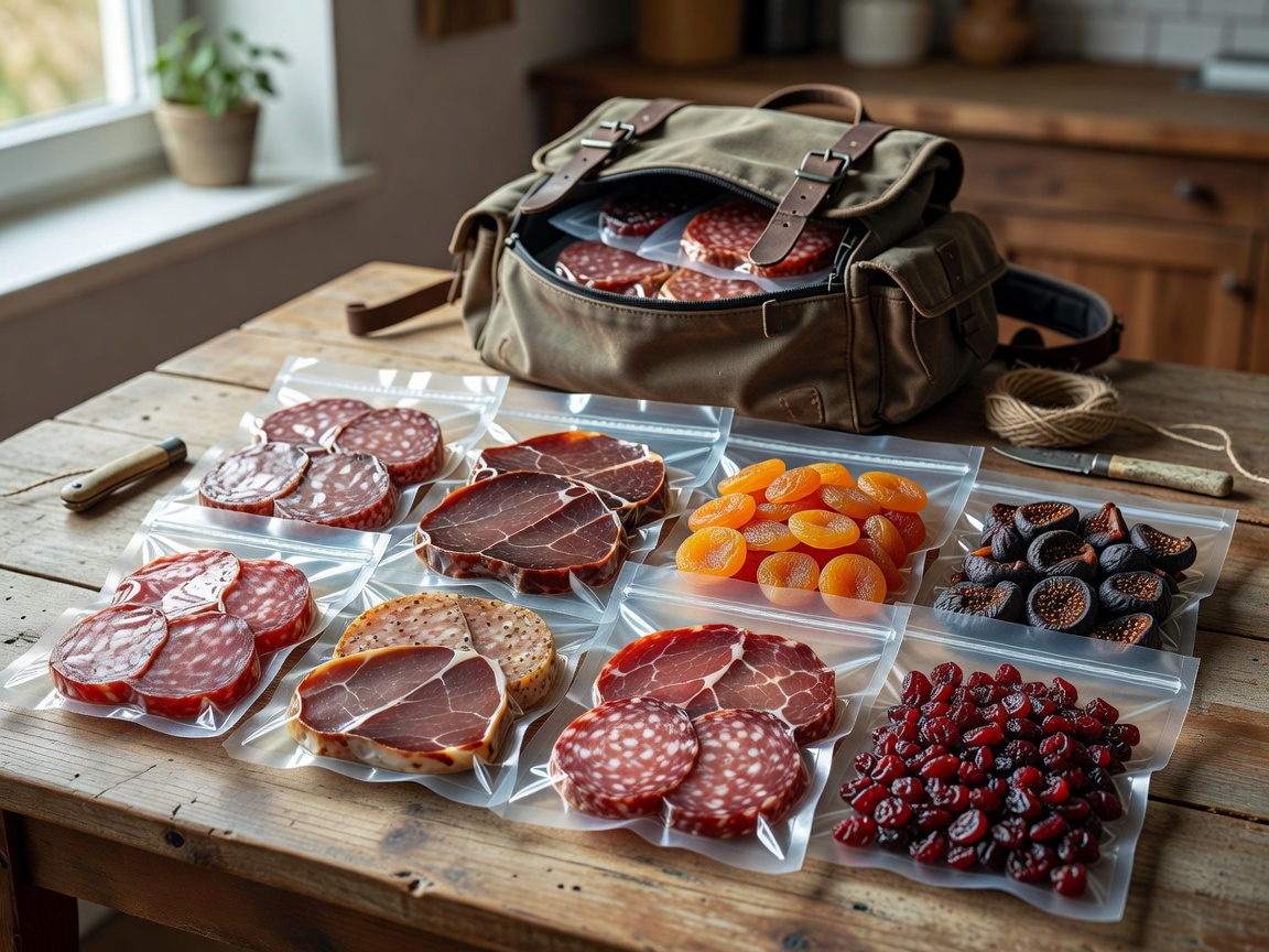 Cured meats and dried fruit vacuum sealed for travel