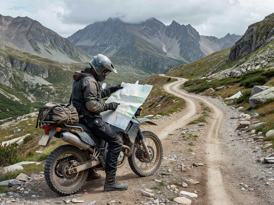 Motorcyclist checking map on remote mountain road