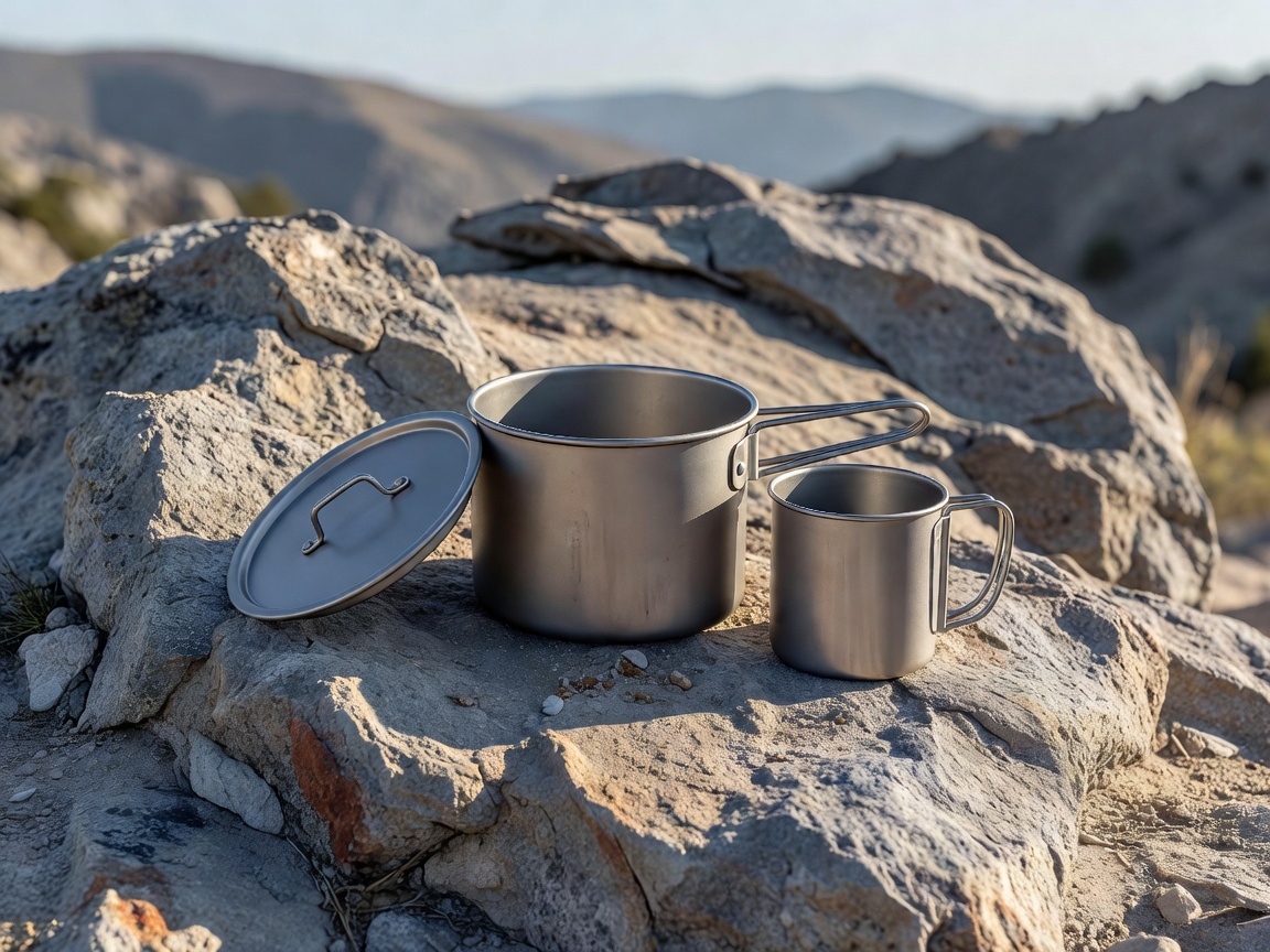 Titanium camping cookware set on rough rock surface